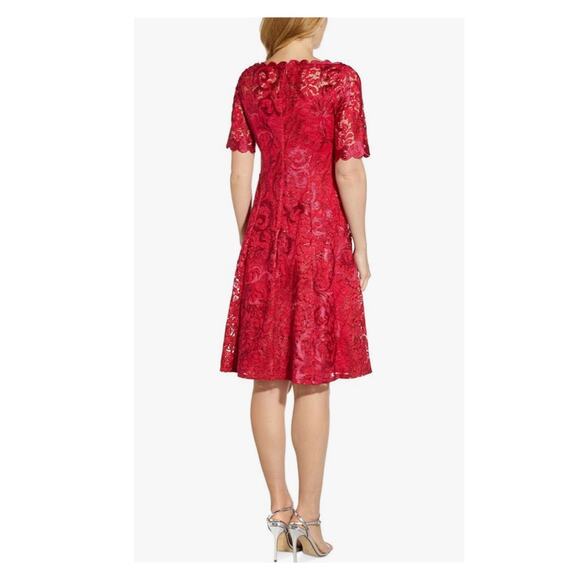 Adrianna Papell Warm Cherry Red Embroidered Lace Midi Dress Sz.2 NWT - Picture 2 of 15